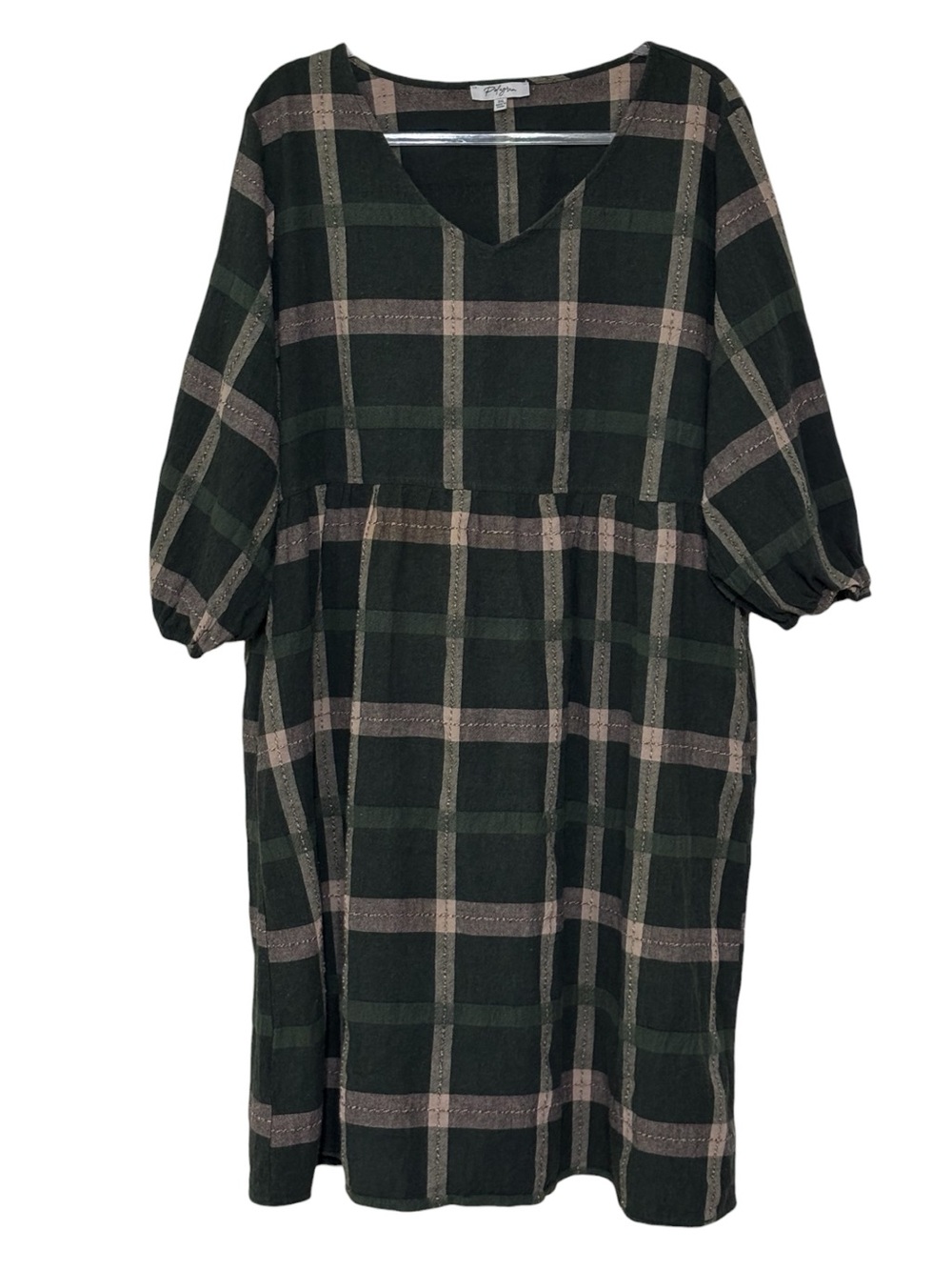 Polagram 3XL Green Windowpane Plaid Cotton Dress | Cottagecore | Pockets - Picture 6 of 13